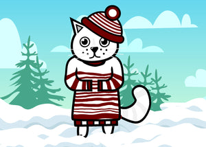 White cat in winter hat and sweater standing in snow location